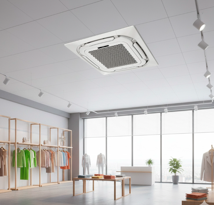 Unidade de ar condicionado de teto instalada num espaço comercial